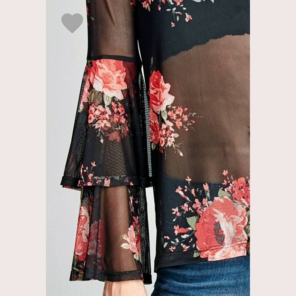 Sheer See Through Blue Floral Top Blouse Long Flare Sleeve - Picture 5 of 9